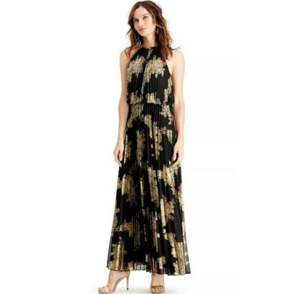MSK Pleated Gold Print Maxi Dress Women 16 Black Metallic Floral Event Wedding - Picture 1 of 15